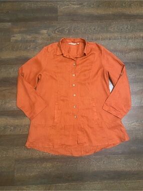 Soft Surroundings Orange 100%Linen Woven Button-Up Collared Long Sleeve Blouse L